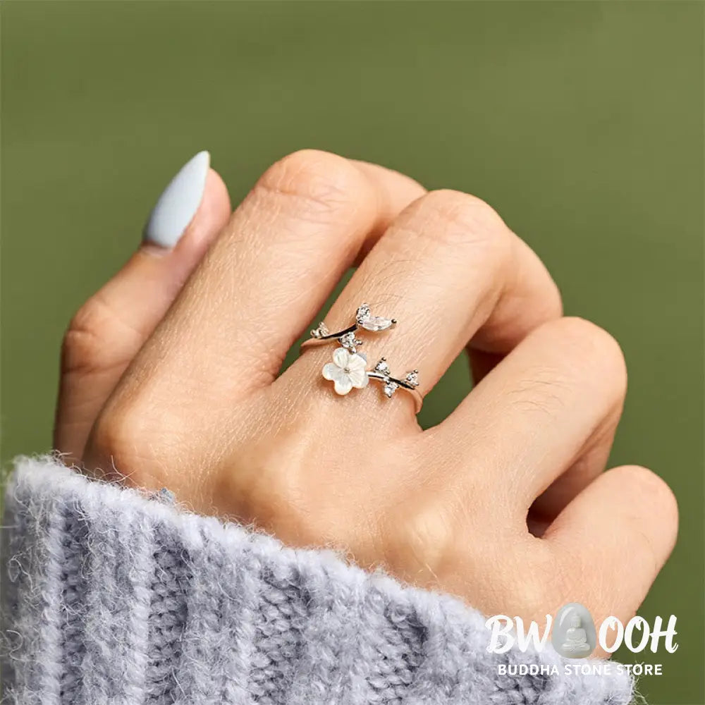 Buddha Stones 925 Sterling Silver White Flower Design Adjustable Blessing Ring - Ring