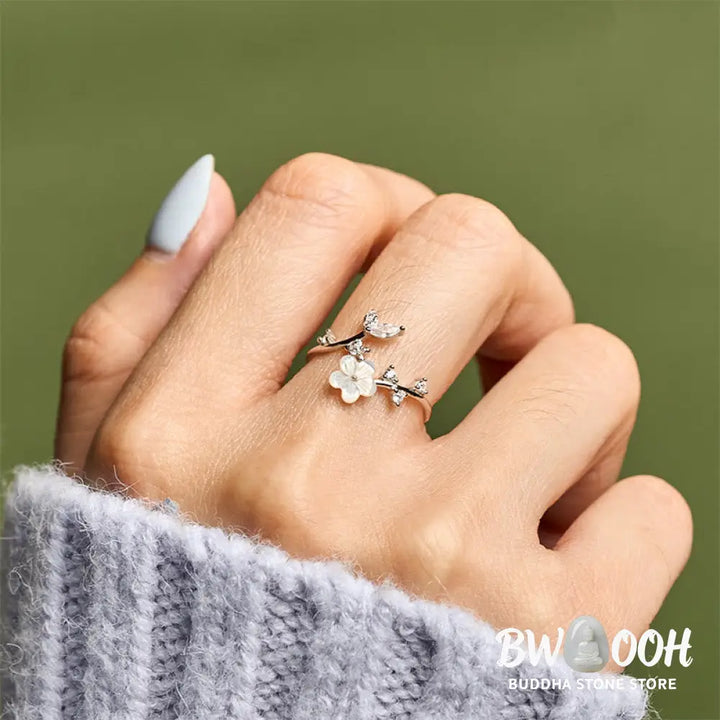 Buddha Stones 925 Sterling Silver White Flower Design Adjustable Blessing Ring - Ring