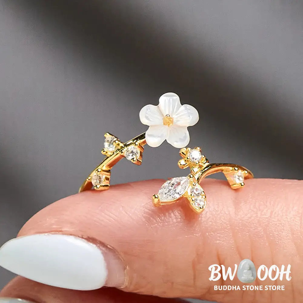 Buddha Stones 925 Sterling Silver White Flower Design Adjustable Blessing Ring - Ring