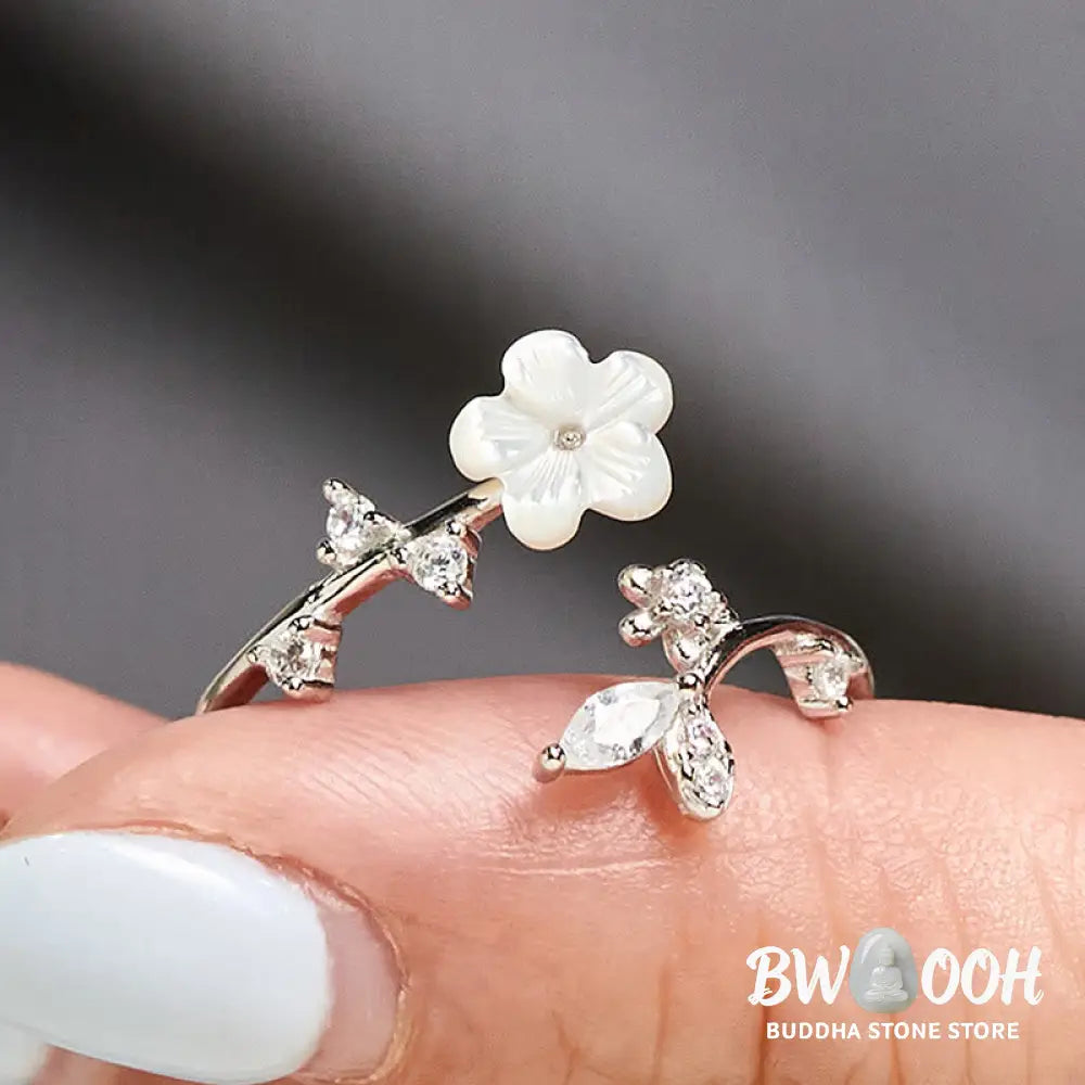 Buddha Stones 925 Sterling Silver White Flower Design Adjustable Blessing Ring - Ring