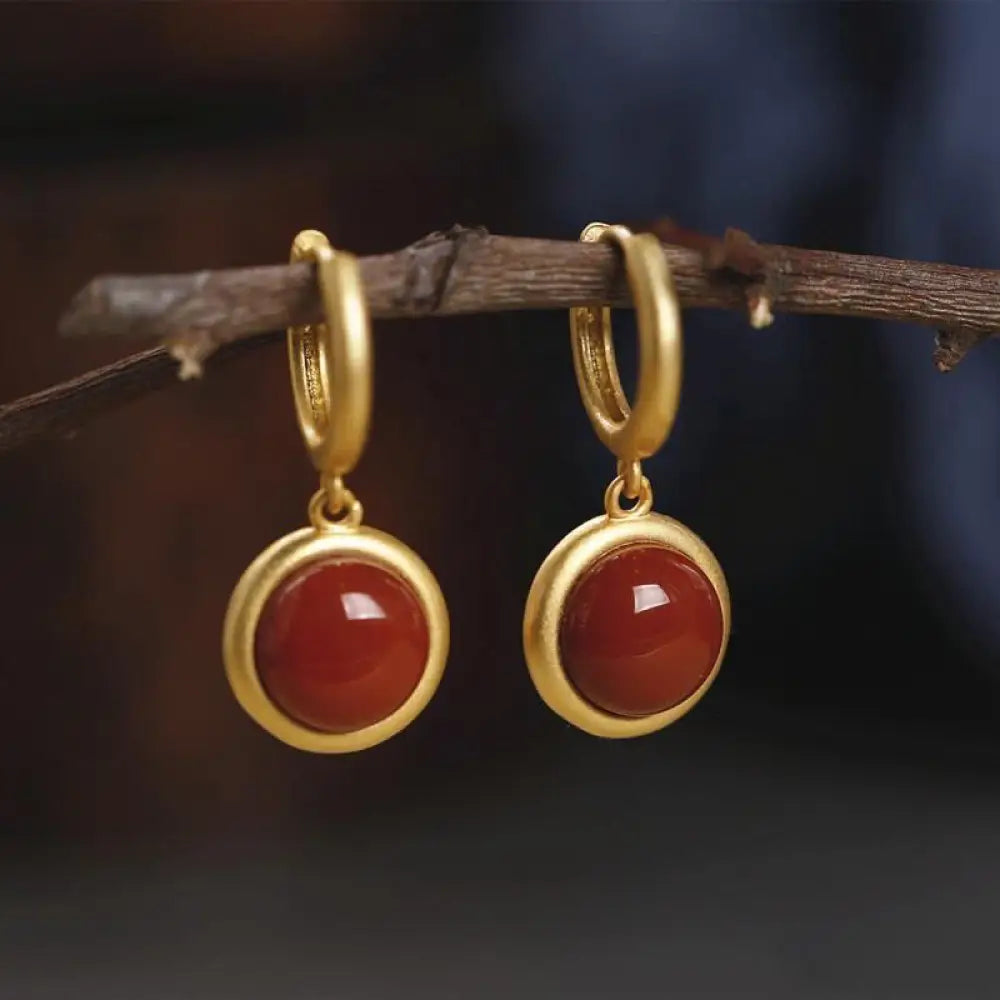 Buddha Stones 925 Sterling Silver White Jade Agate Prosperity Earrings - South Red Agate(925 Sterling Silver Posts)