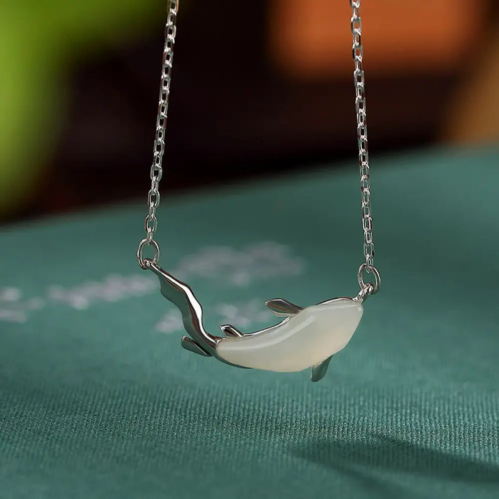 Buddha Stones 925 Sterling Silver White Jade Dolphin Luck Necklace Pendant - BWOOOH - Silver Koi Fish - Necklaces &amp;