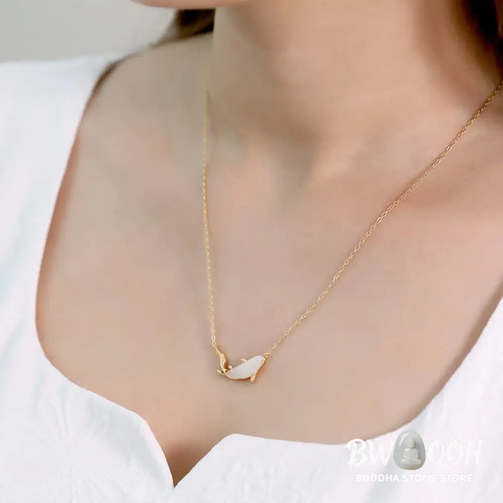 Buddha Stones 925 Sterling Silver White Jade Dolphin Luck Necklace Pendant - BWOOOH - Necklaces &amp; Pendants
