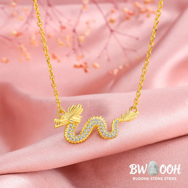 Buddha Stones 925 Sterling Silver Year Of The Dragon Auspicious Golden Dragon Luck Chain Necklace Pendant - BWOOOH