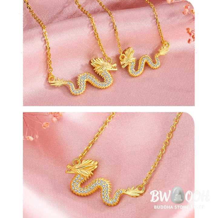 Buddha Stones 925 Sterling Silver Year Of The Dragon Auspicious Golden Dragon Luck Chain Necklace Pendant - BWOOOH