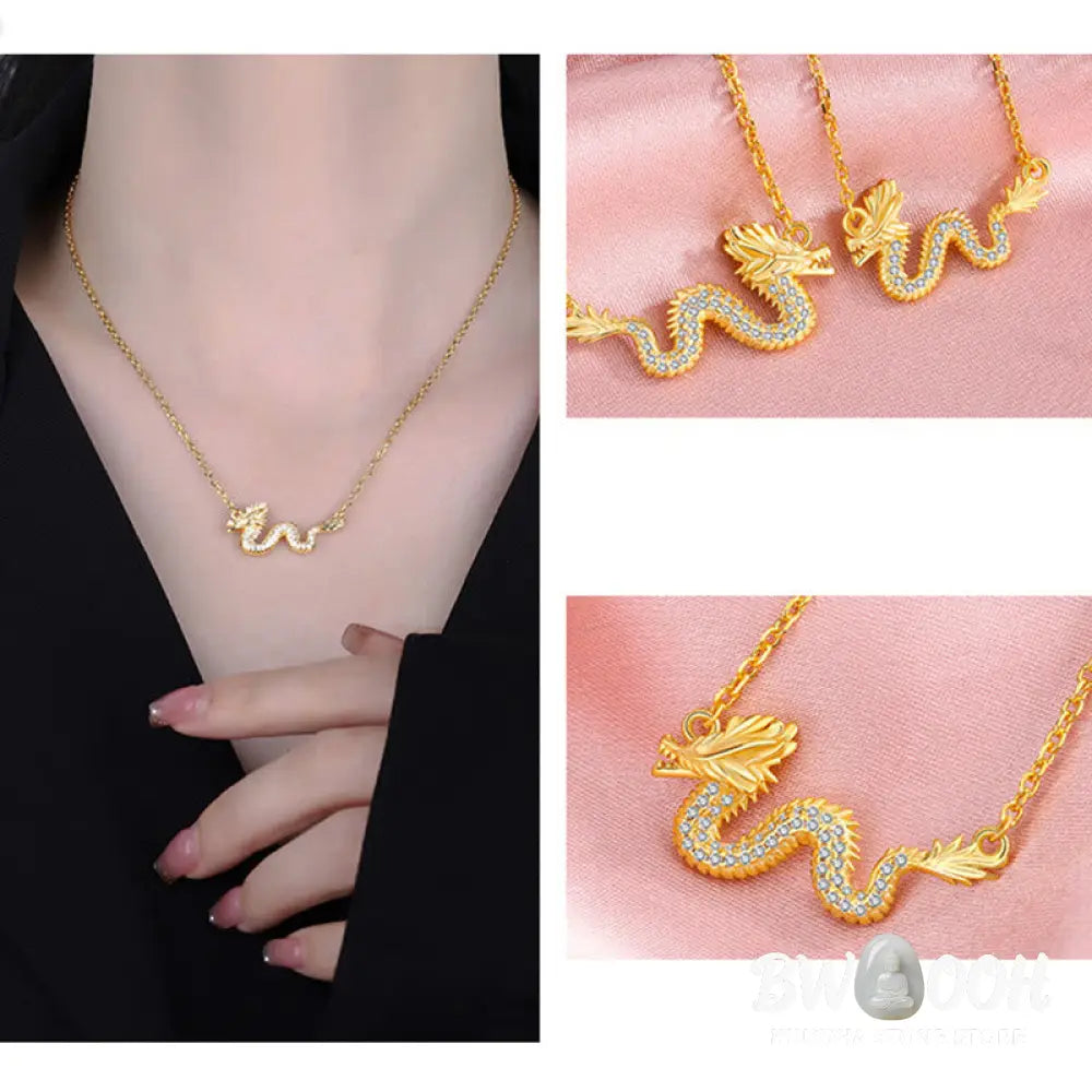 Buddha Stones 925 Sterling Silver Year Of The Dragon Auspicious Golden Dragon Luck Chain Necklace Pendant - BWOOOH