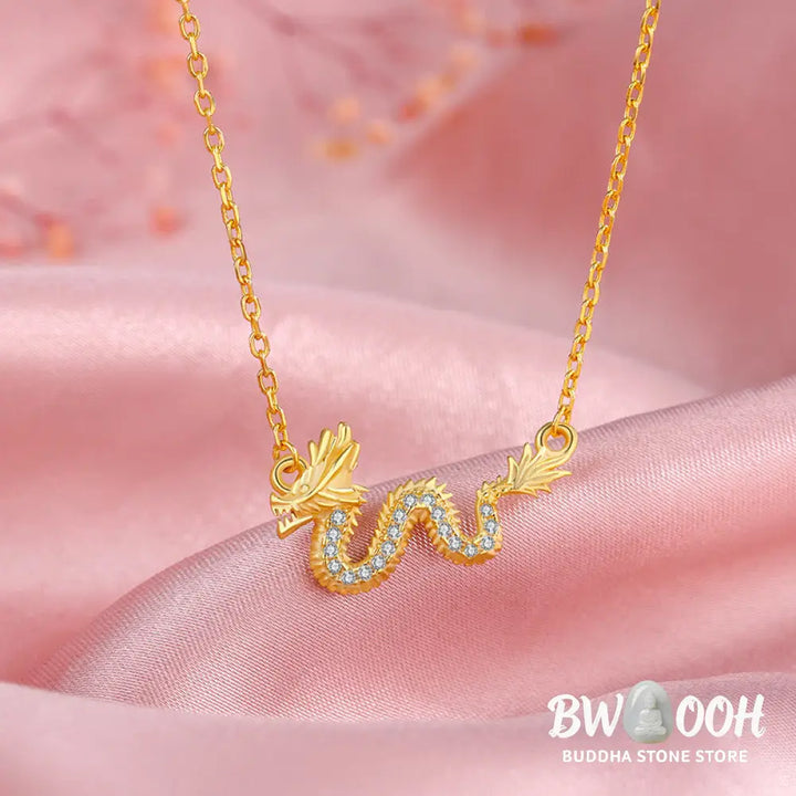 Buddha Stones 925 Sterling Silver Year Of The Dragon Auspicious Golden Dragon Luck Chain Necklace Pendant - BWOOOH