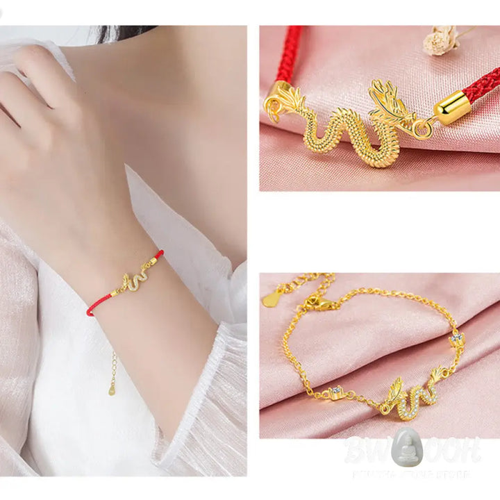 Buddha Stones 925 Sterling Silver Year Of The Dragon Auspicious Golden Dragon Luck Red Rope Chain Bracelet - BWOOOH