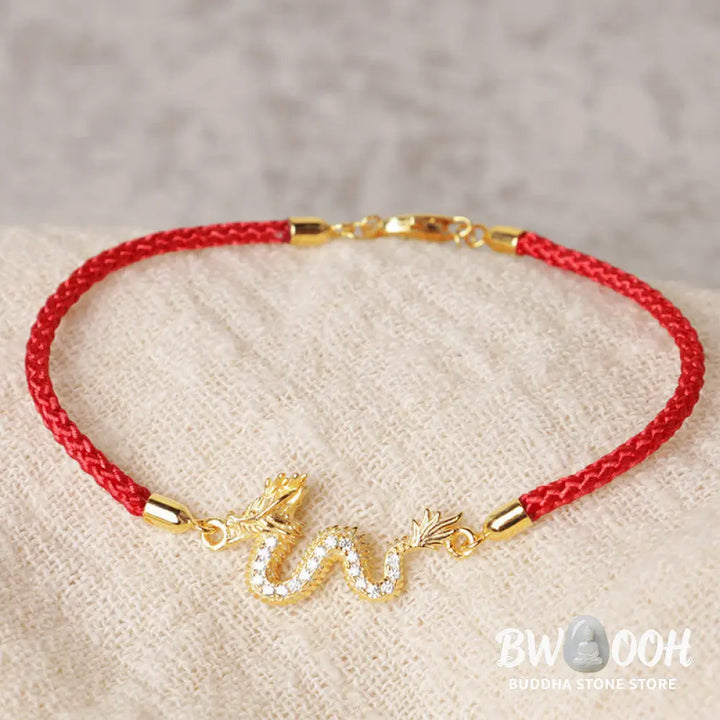 Buddha Stones 925 Sterling Silver Year Of The Dragon Auspicious Golden Dragon Luck Red Rope Chain Bracelet - BWOOOH