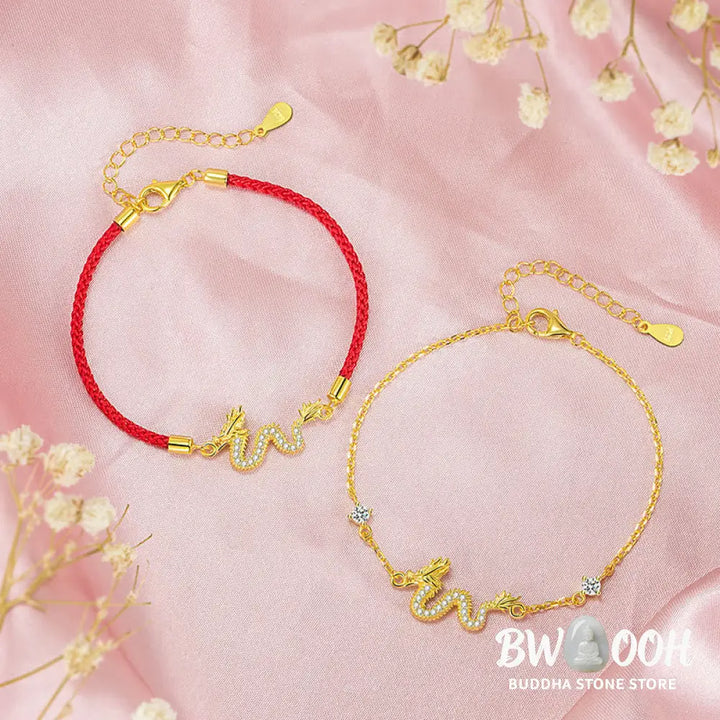 Buddha Stones 925 Sterling Silver Year Of The Dragon Auspicious Golden Dragon Luck Red Rope Chain Bracelet - BWOOOH