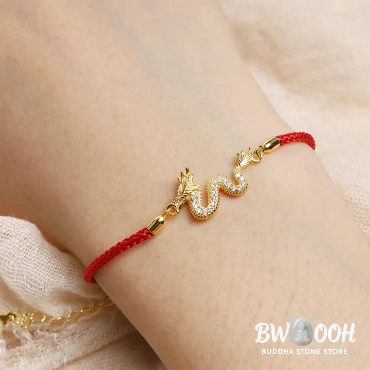 Buddha Stones 925 Sterling Silver Year Of The Dragon Auspicious Golden Dragon Luck Red Rope Chain Bracelet - BWOOOH