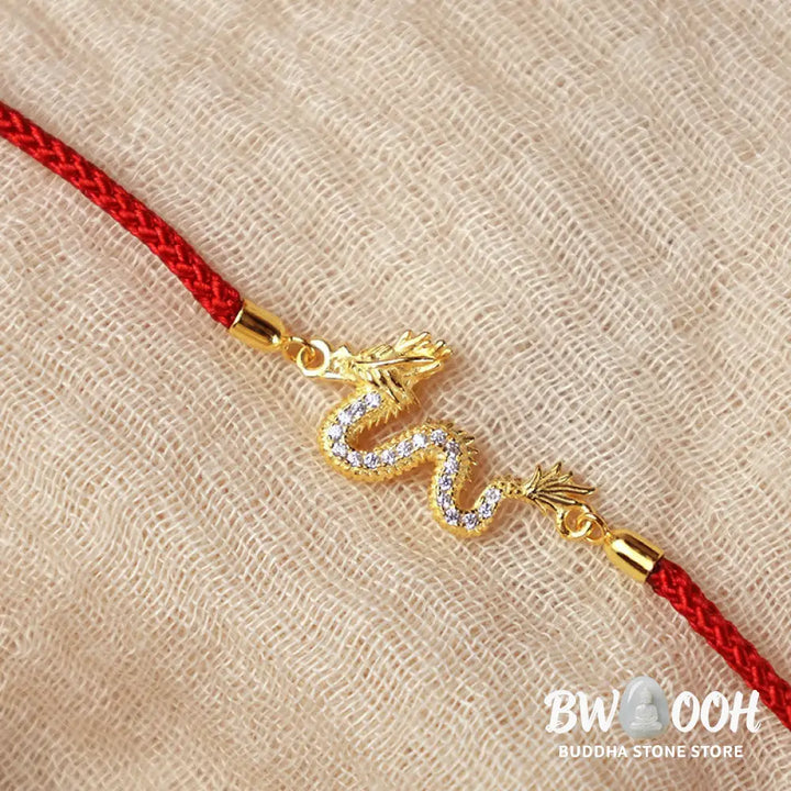 Buddha Stones 925 Sterling Silver Year Of The Dragon Auspicious Golden Dragon Luck Red Rope Chain Bracelet - BWOOOH