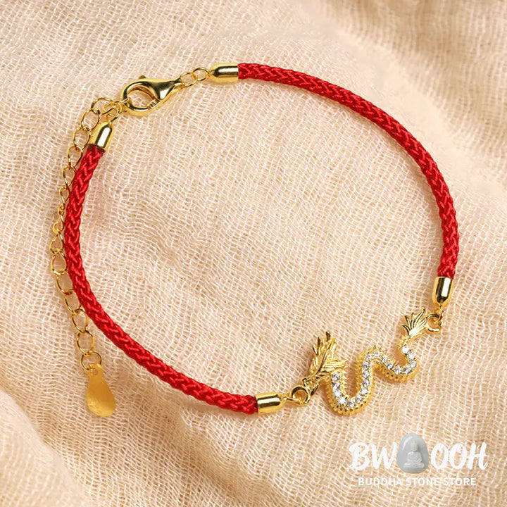 Buddha Stones 925 Sterling Silver Year Of The Dragon Auspicious Golden Dragon Luck Red Rope Chain Bracelet - BWOOOH