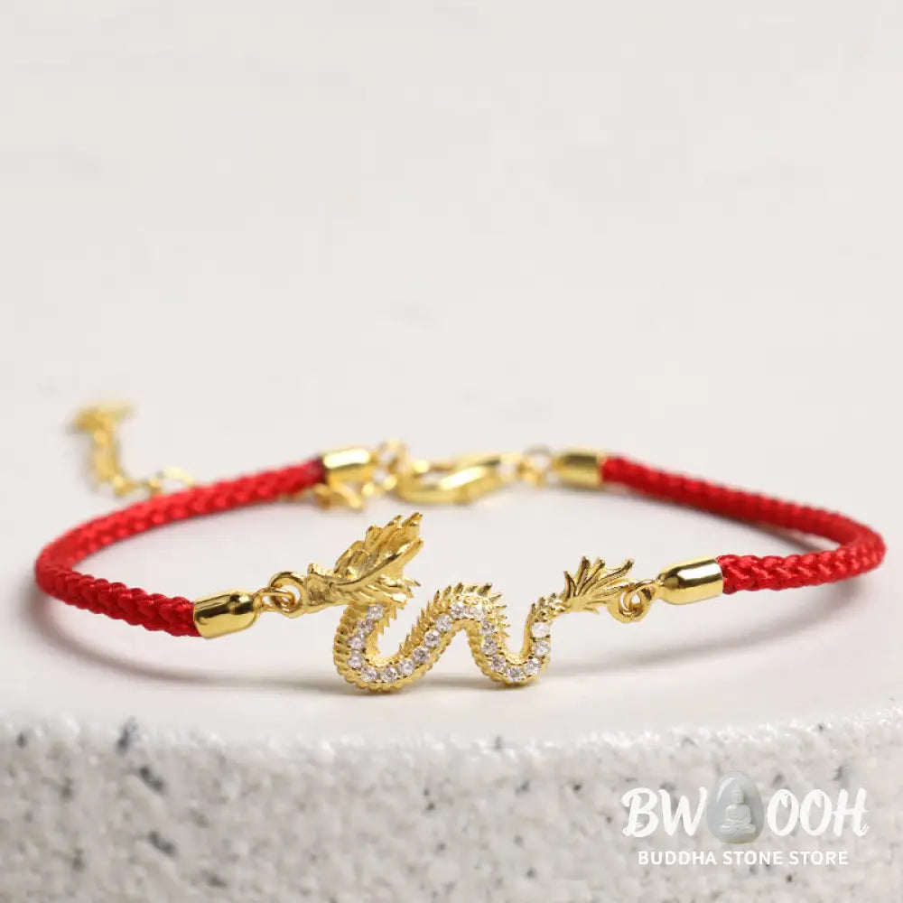 Buddha Stones 925 Sterling Silver Year Of The Dragon Auspicious Golden Dragon Luck Red Rope Chain Bracelet - BWOOOH