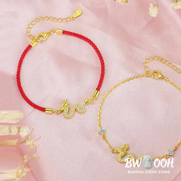 Buddha Stones 925 Sterling Silver Year Of The Dragon Auspicious Golden Dragon Luck Red Rope Chain Bracelet - BWOOOH