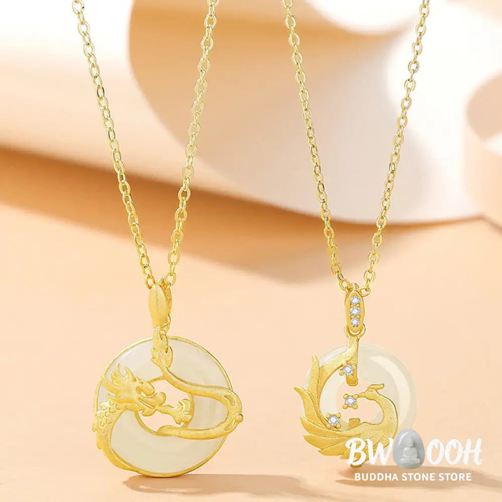 Buddha Stones 925 Sterling Silver Year of the Dragon Hetian Jade Golden Dragon Phoenix Peace Buckle Luck Necklace