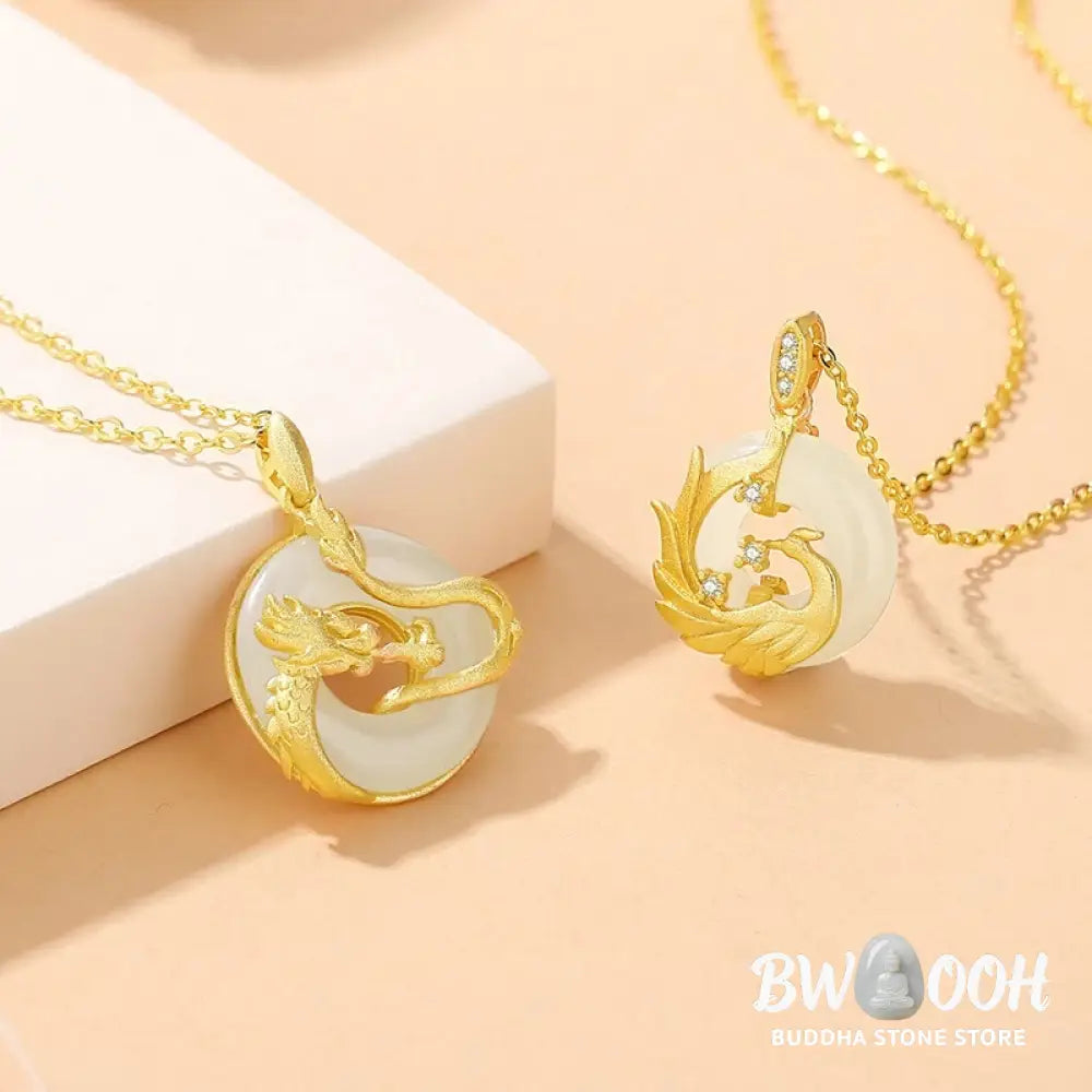 Buddha Stones 925 Sterling Silver Year of the Dragon Hetian Jade Golden Dragon Phoenix Peace Buckle Luck Necklace