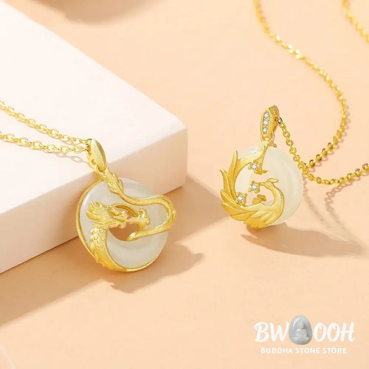 Buddha Stones 925 Sterling Silver Year of the Dragon Hetian Jade Golden Dragon Phoenix Peace Buckle Luck Necklace
