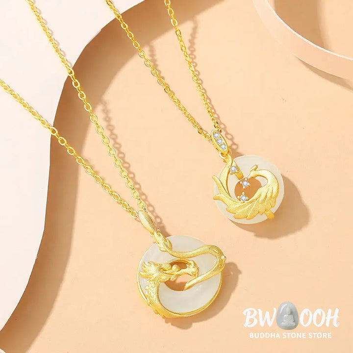 Buddha Stones 925 Sterling Silver Year of the Dragon Hetian Jade Golden Dragon Phoenix Peace Buckle Luck Necklace