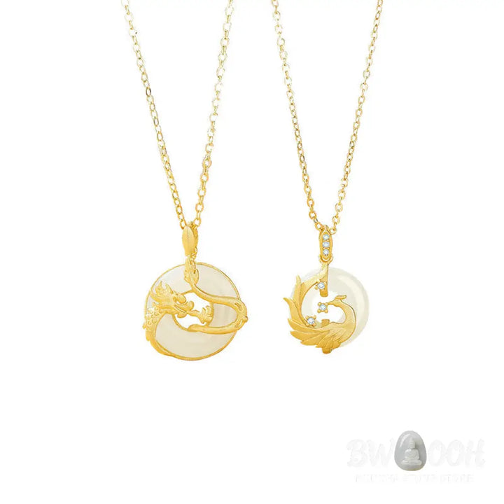 Buddha Stones 925 Sterling Silver Year of the Dragon Hetian Jade Golden Dragon Phoenix Peace Buckle Luck Necklace