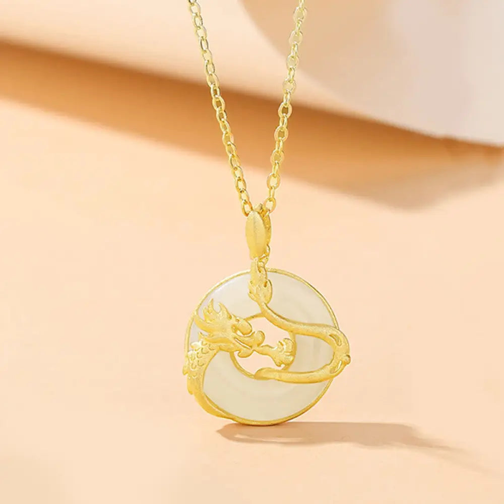 Buddha Stones 925 Sterling Silver Year of the Dragon Hetian Jade Golden Dragon Phoenix Peace Buckle Luck Necklace