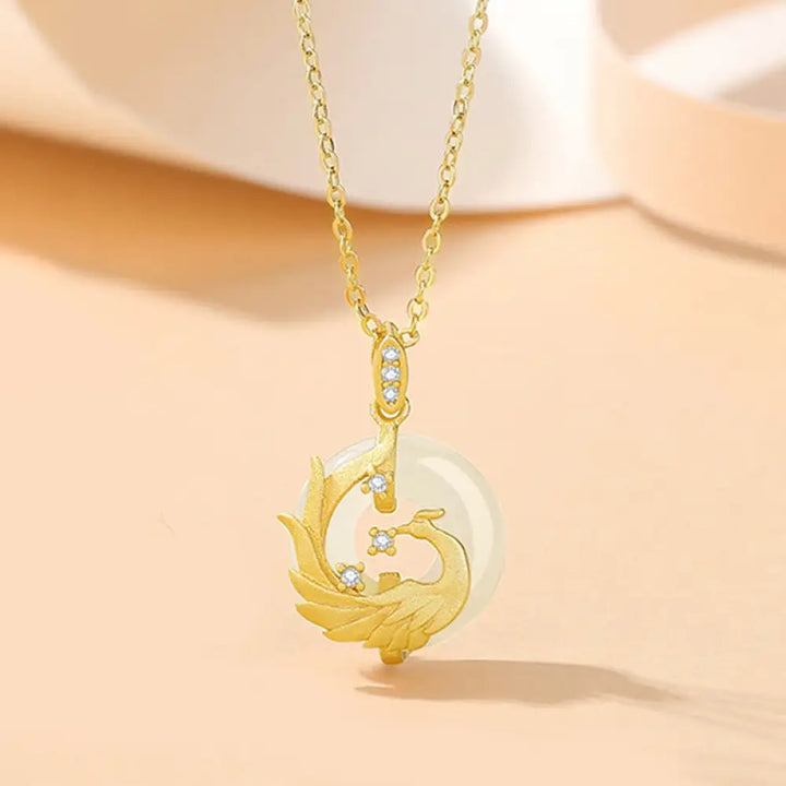 Buddha Stones 925 Sterling Silver Year of the Dragon Hetian Jade Golden Dragon Phoenix Peace Buckle Luck Necklace