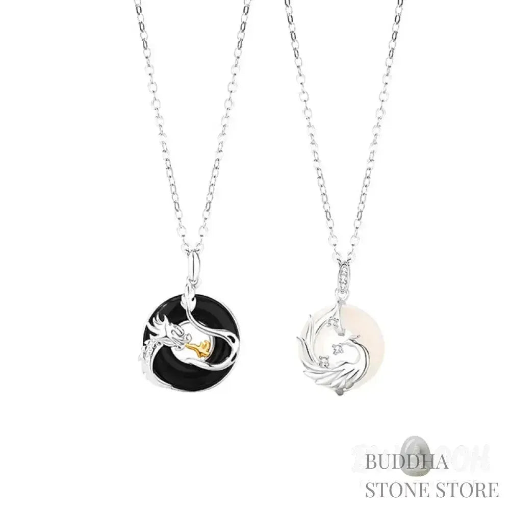 A BWOOOH 925 Sterling Silver Dragon Phoenix Peace Buckle necklace pendant featuring a polished natural Black Onyx and subtle Chalcedony inlay, symbolizing protection, inner peace, and harmonious balance. Ideal for Year of the Dragon alignment. - View 10