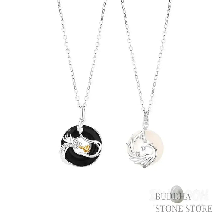 A BWOOOH 925 Sterling Silver Dragon Phoenix Peace Buckle necklace pendant featuring a polished natural Black Onyx and subtle Chalcedony inlay, symbolizing protection, inner peace, and harmonious balance. Ideal for Year of the Dragon alignment. - View 10