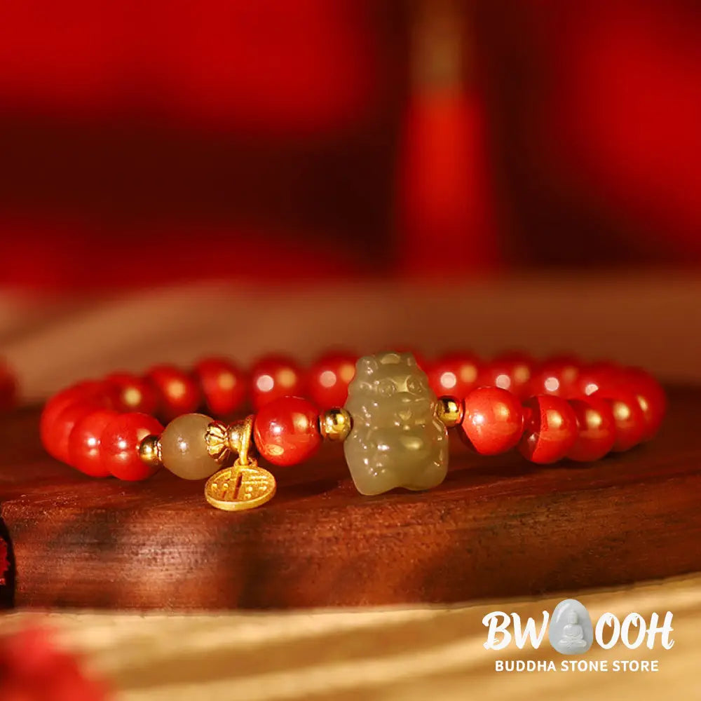 Buddha Stones 925 Sterling Silver Year of the Dragon Natural Cinnabar Hetian Jade Dragon Fu Character Ruyi As One