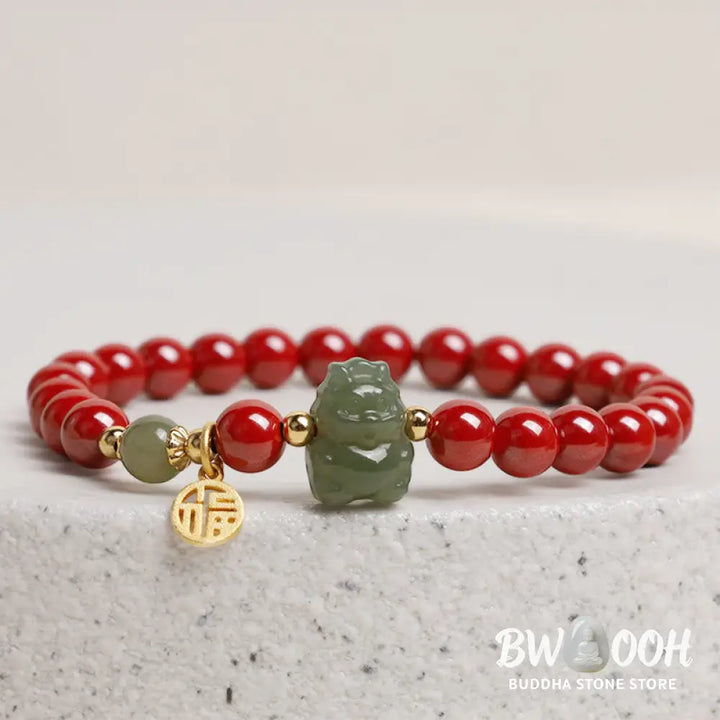 Buddha Stones 925 Sterling Silver Year of the Dragon Natural Cinnabar Hetian Jade Dragon Fu Character Ruyi As One