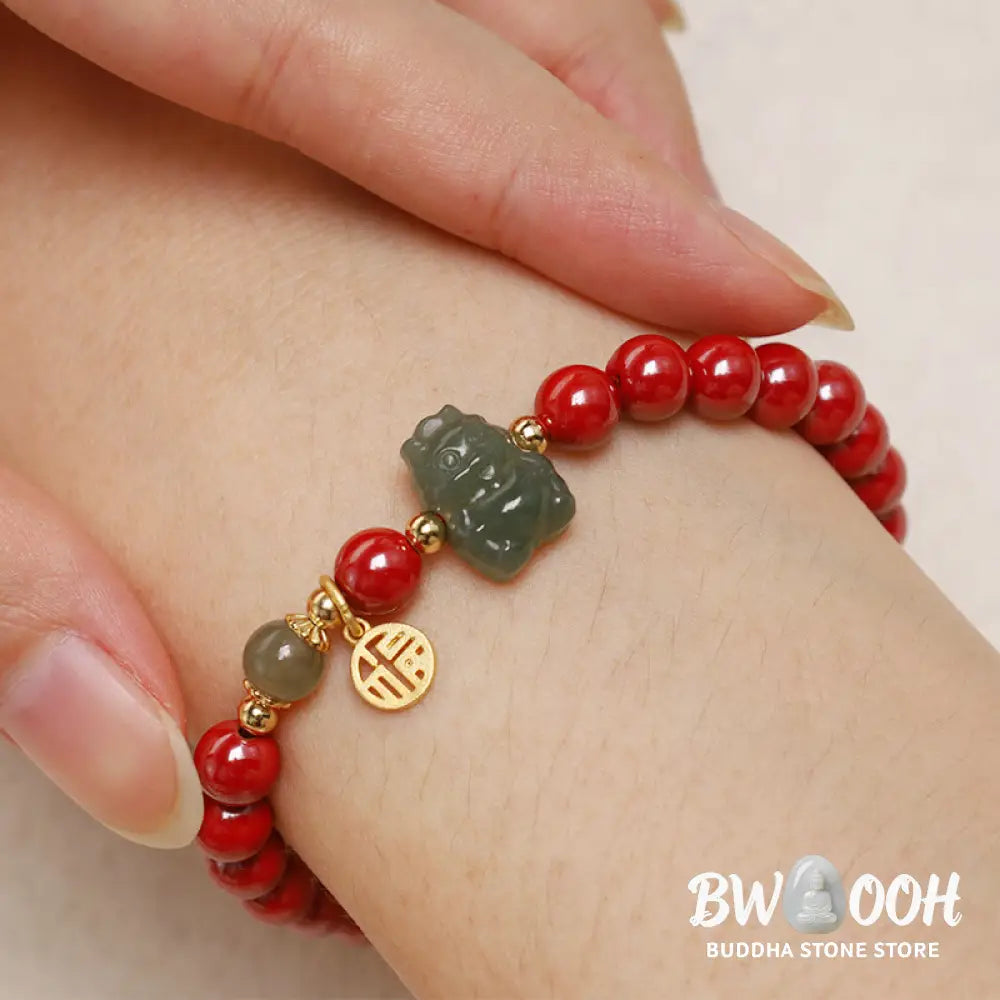 Buddha Stones 925 Sterling Silver Year of the Dragon Natural Cinnabar Hetian Jade Dragon Fu Character Ruyi As One