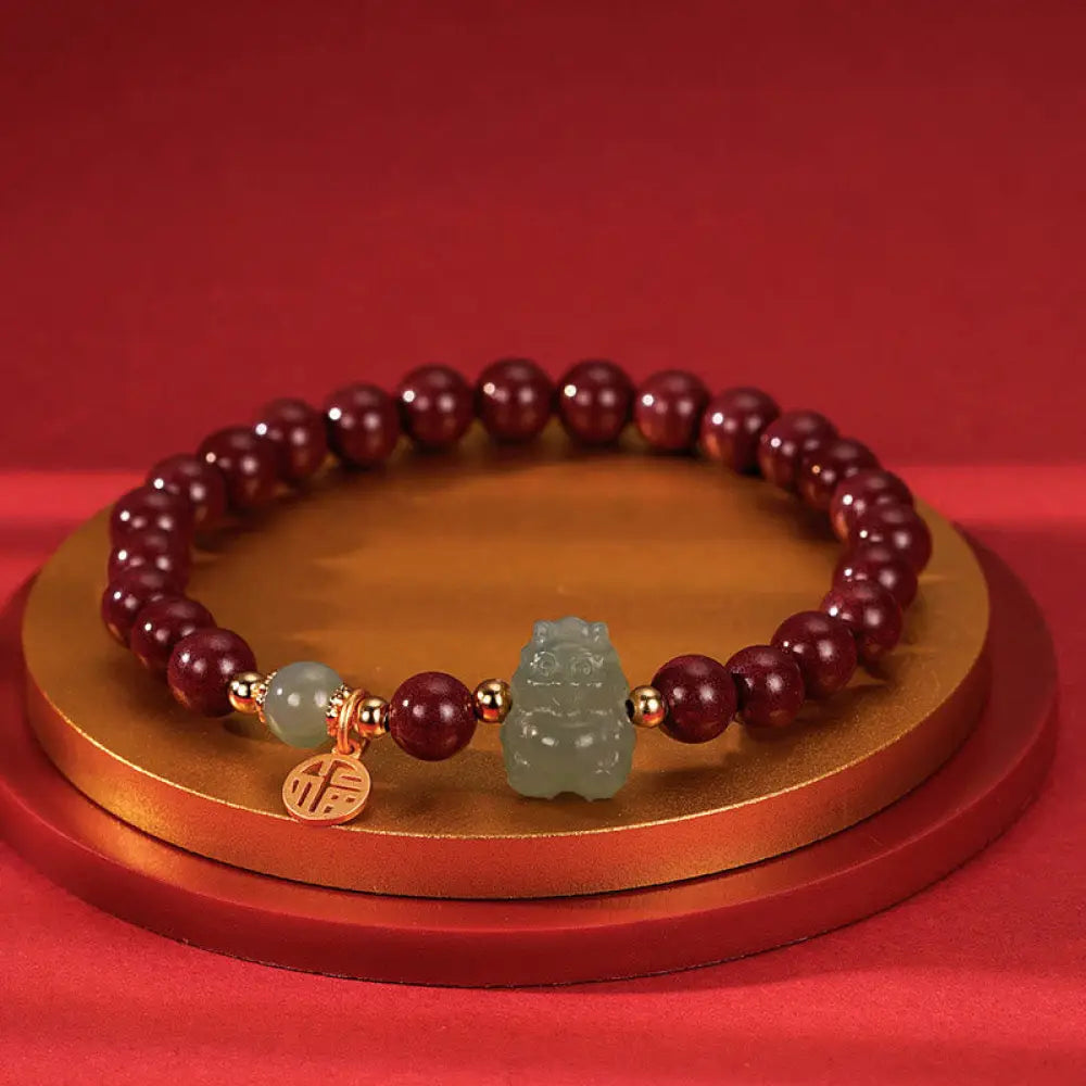 Buddha Stones 925 Sterling Silver Year of the Dragon Natural Cinnabar Hetian Jade Dragon Fu Character Ruyi As One