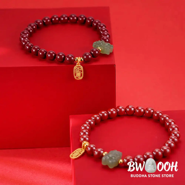 Buddha Stones 925 Sterling Silver Year of the Dragon Natural Cinnabar Hetian Jade Dragon Fu Character Ruyi As One