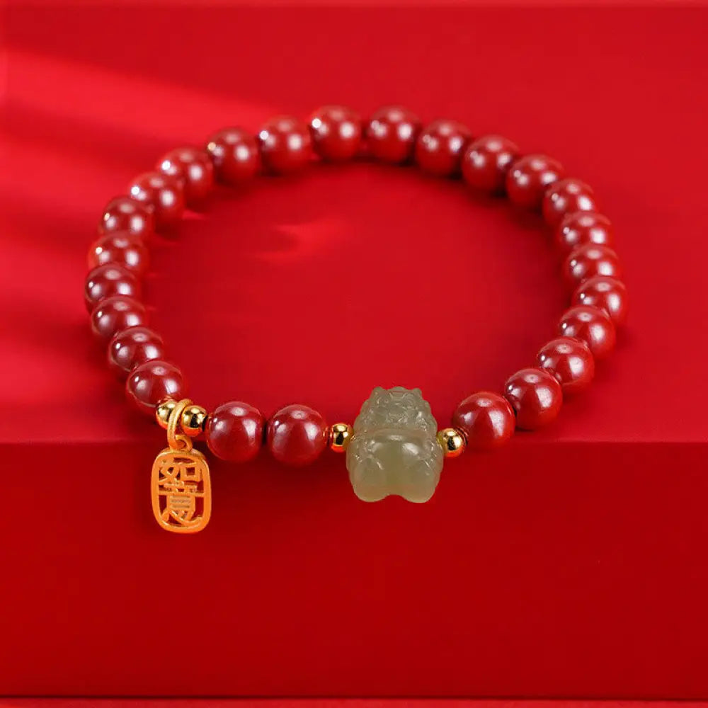 Buddha Stones 925 Sterling Silver Year of the Dragon Natural Cinnabar Hetian Jade Dragon Fu Character Ruyi As One
