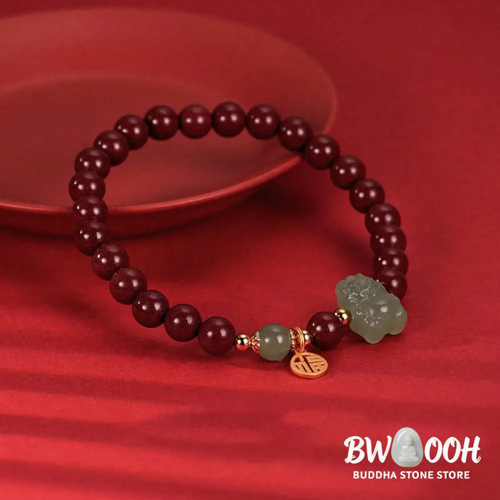 Buddha Stones 925 Sterling Silver Year of the Dragon Natural Cinnabar Hetian Jade Dragon Fu Character Ruyi As One