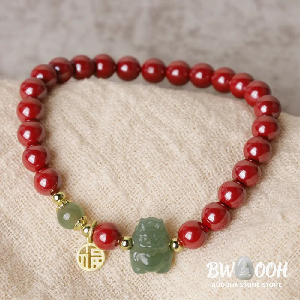 Buddha Stones 925 Sterling Silver Year of the Dragon Natural Cinnabar Hetian Jade Dragon Fu Character Ruyi As One