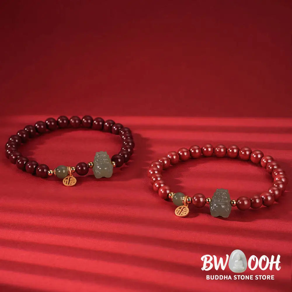 Buddha Stones 925 Sterling Silver Year of the Dragon Natural Cinnabar Hetian Jade Dragon Fu Character Ruyi As One