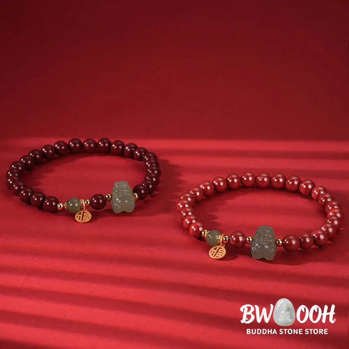 Buddha Stones 925 Sterling Silver Year of the Dragon Natural Cinnabar Hetian Jade Dragon Fu Character Ruyi As One
