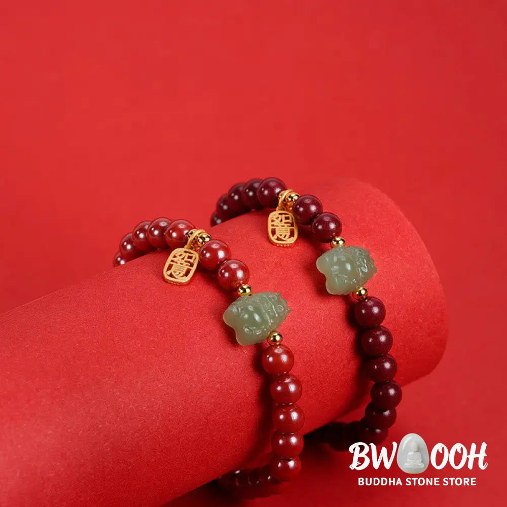 Buddha Stones 925 Sterling Silver Year of the Dragon Natural Cinnabar Hetian Jade Dragon Fu Character Ruyi As One