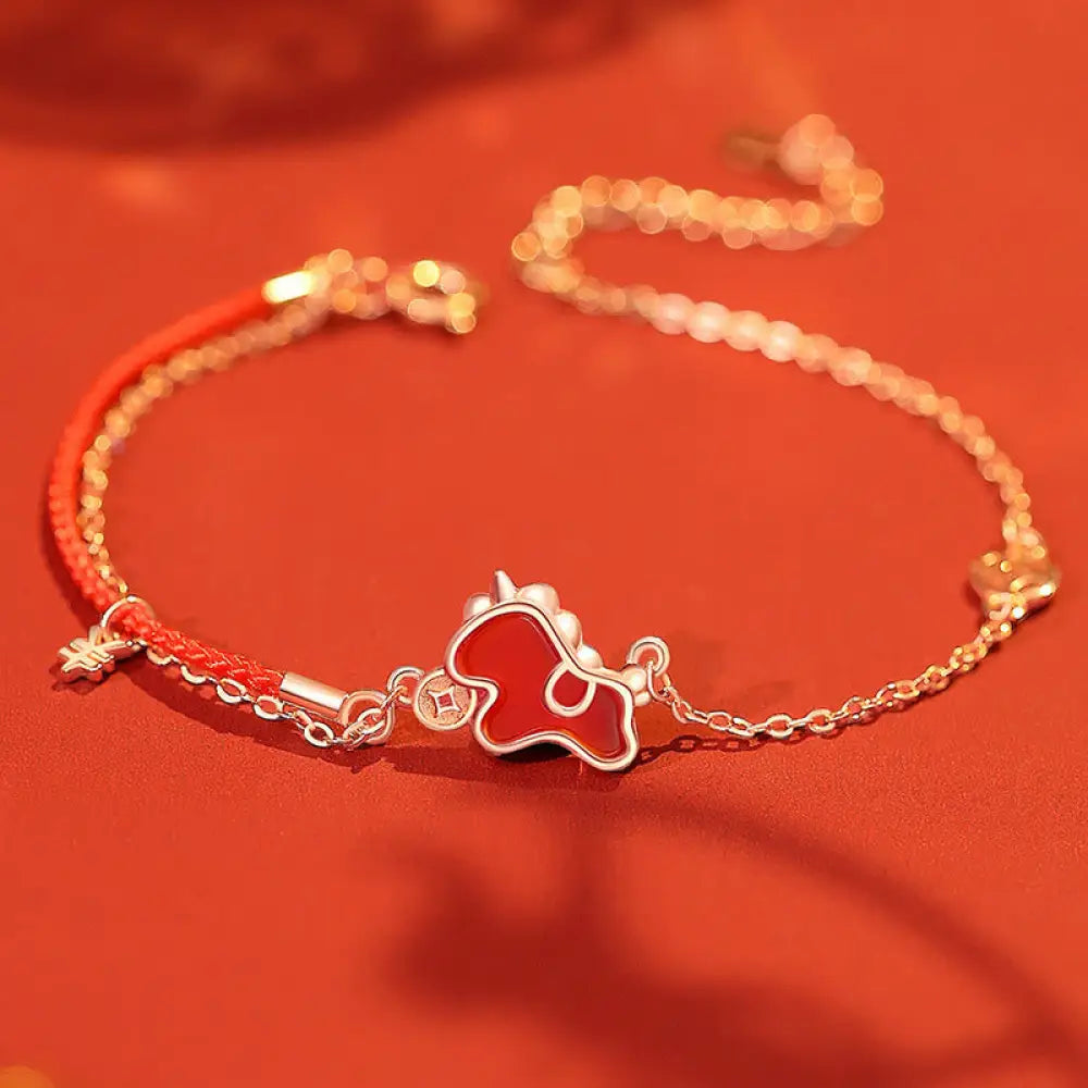 Buddha Stones 925 Sterling Silver Year Of The Horse Coin Charm Red Agate Blessing Necklace Pendant - BWOOOH - Horse