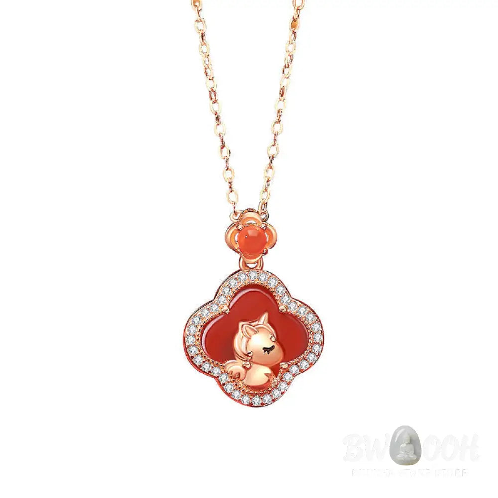 Buddha Stones 925 Sterling Silver Year Of The Horse Four Leaf Clover Red Agate Calm Necklace Pendant - BWOOOH - Red