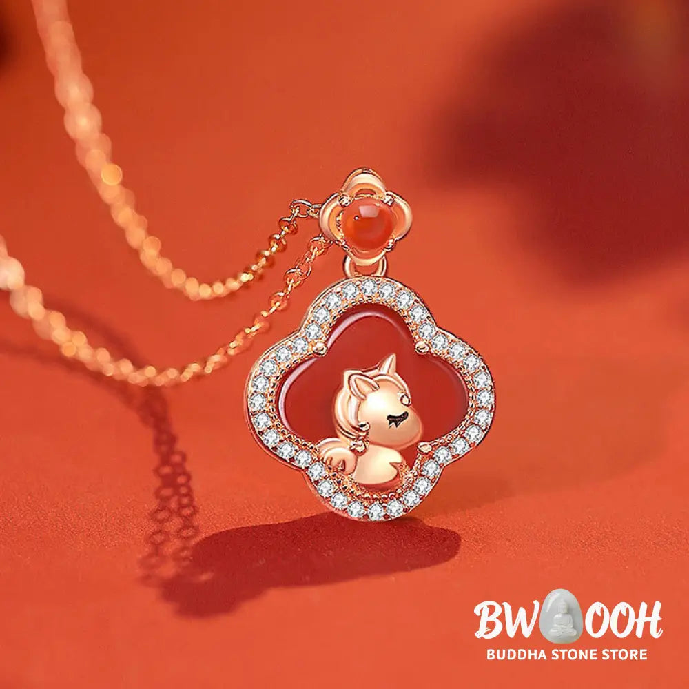 Buddha Stones 925 Sterling Silver Year Of The Horse Four Leaf Clover Red Agate Calm Necklace Pendant - BWOOOH - Red