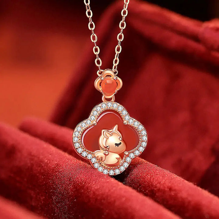 Buddha Stones 925 Sterling Silver Year Of The Horse Four Leaf Clover Red Agate Calm Necklace Pendant - BWOOOH - Red