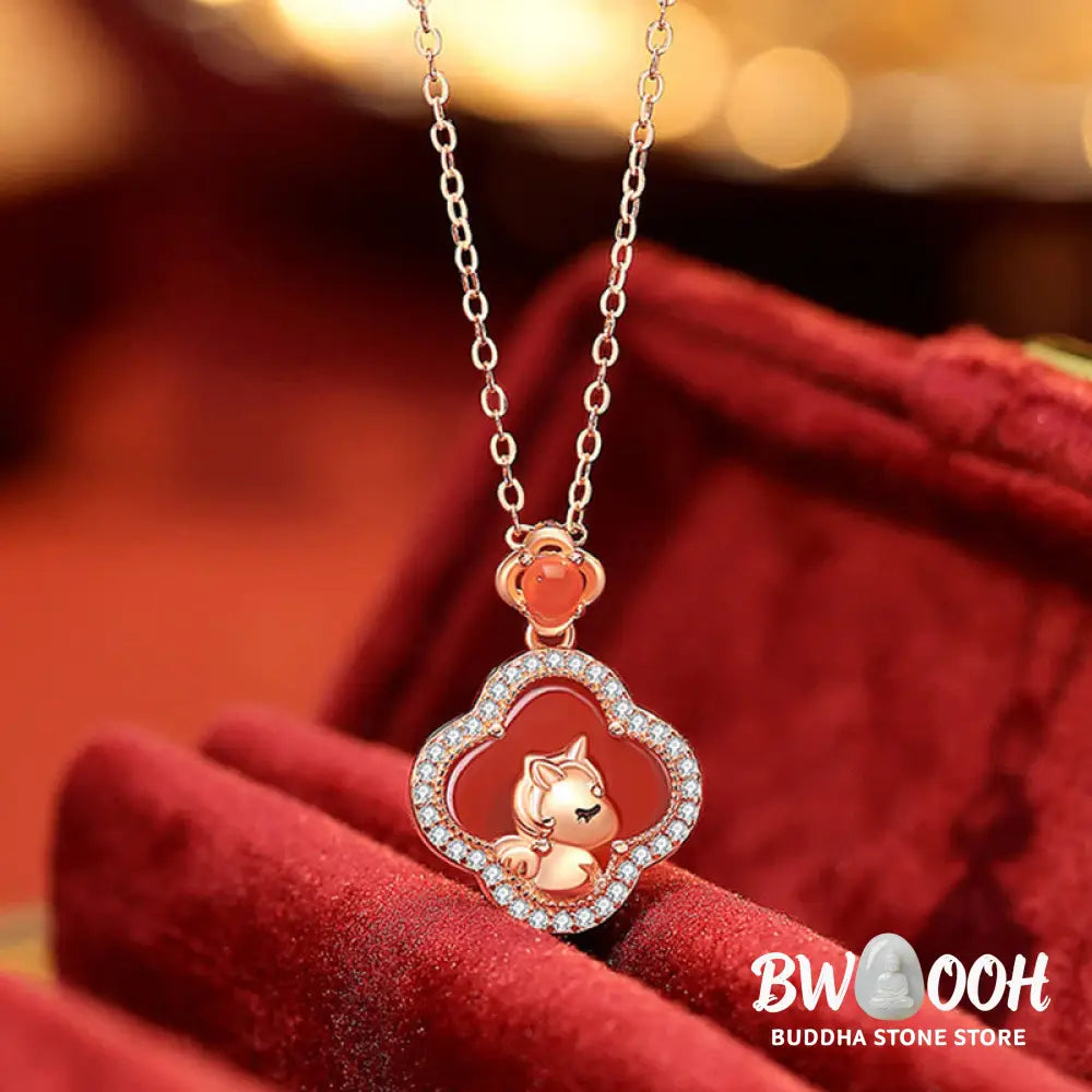 Buddha Stones 925 Sterling Silver Year Of The Horse Four Leaf Clover Red Agate Calm Necklace Pendant - BWOOOH - Red