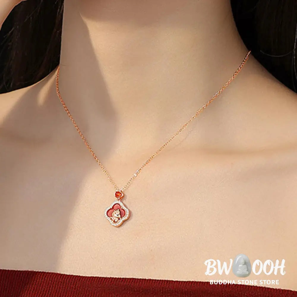 Buddha Stones 925 Sterling Silver Year Of The Horse Four Leaf Clover Red Agate Calm Necklace Pendant - BWOOOH - Red