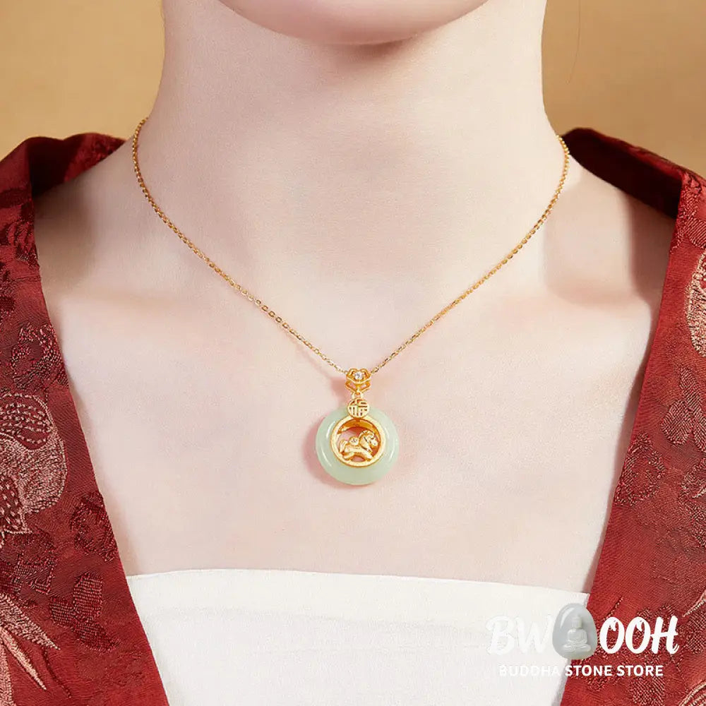 Buddha Stones 925 Sterling Silver Year Of The Horse Hetian Jade Peace Buckle Luck Necklace Pendant - BWOOOH