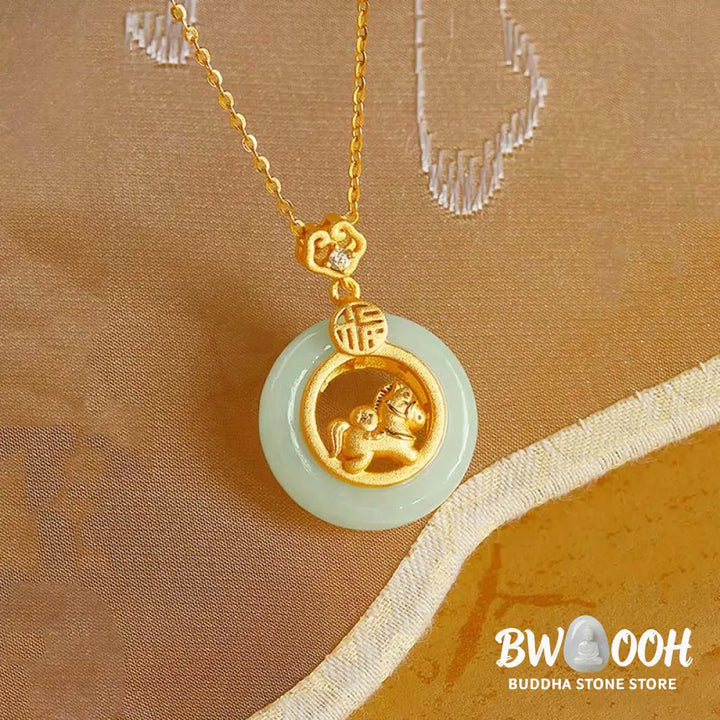 Buddha Stones 925 Sterling Silver Year Of The Horse Hetian Jade Peace Buckle Luck Necklace Pendant - BWOOOH