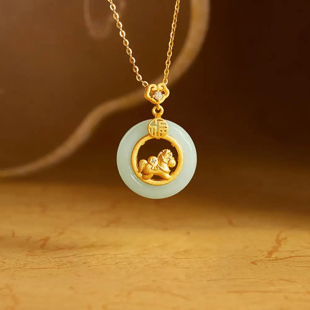 Buddha Stones 925 Sterling Silver Year Of The Horse Hetian Jade Peace Buckle Luck Necklace Pendant - BWOOOH