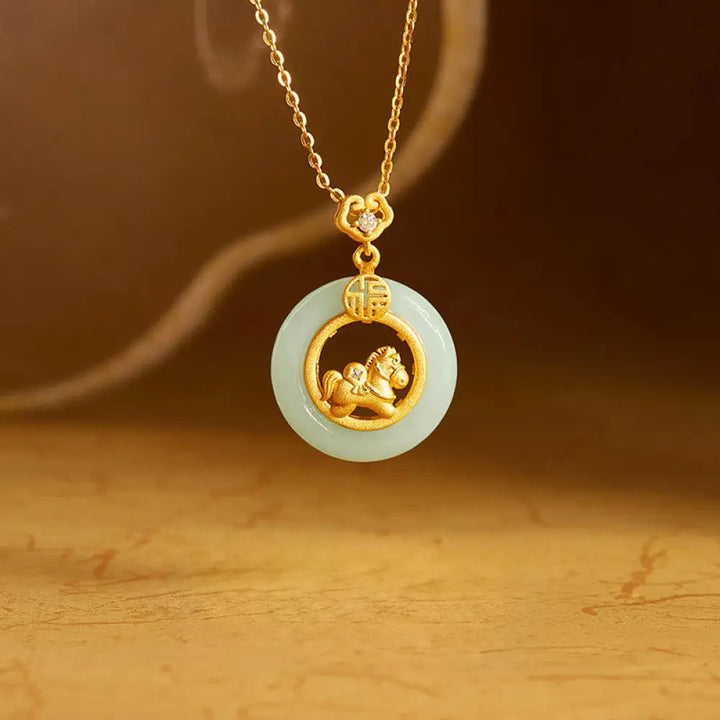 Buddha Stones 925 Sterling Silver Year Of The Horse Hetian Jade Peace Buckle Luck Necklace Pendant - BWOOOH