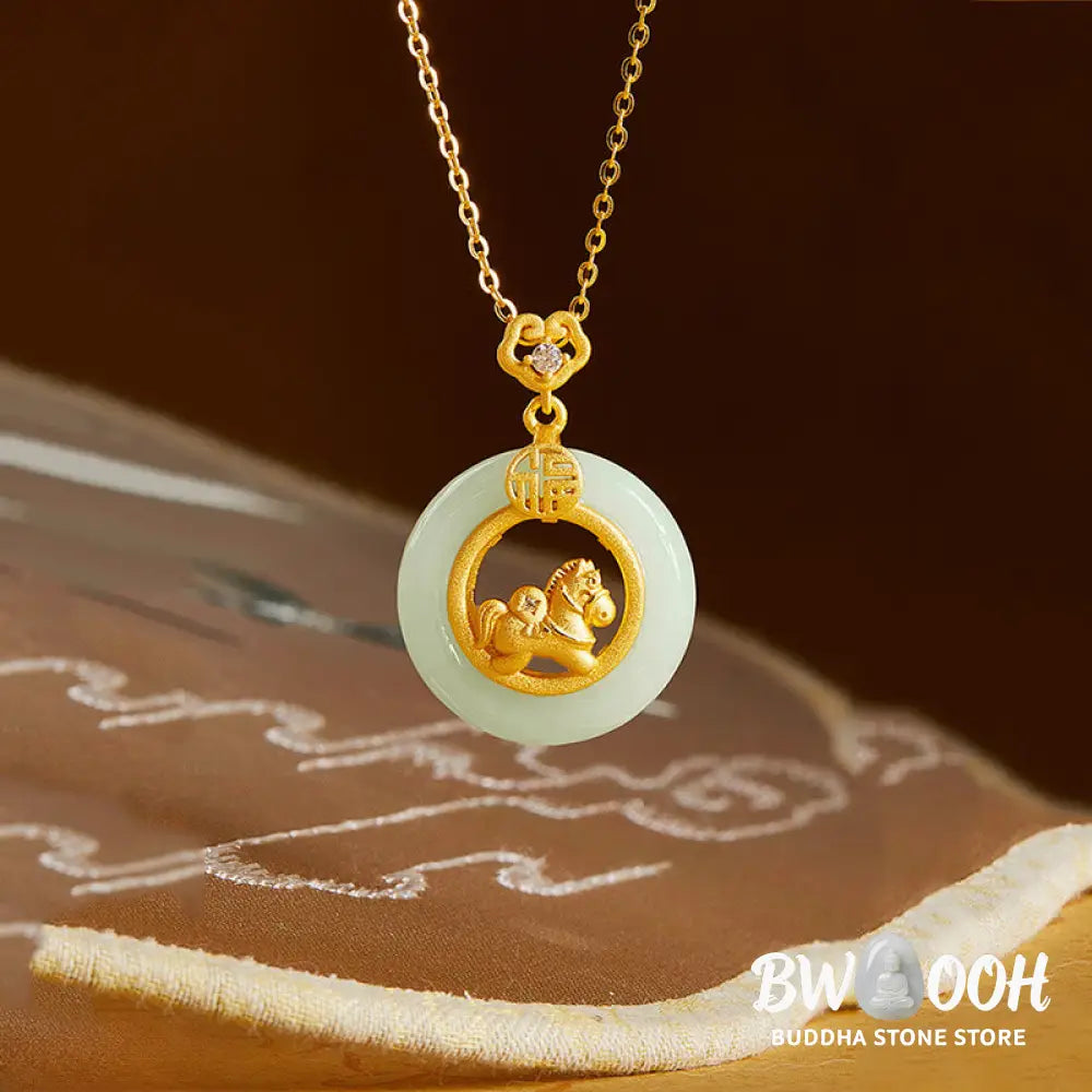 Buddha Stones 925 Sterling Silver Year Of The Horse Hetian Jade Peace Buckle Luck Necklace Pendant - BWOOOH